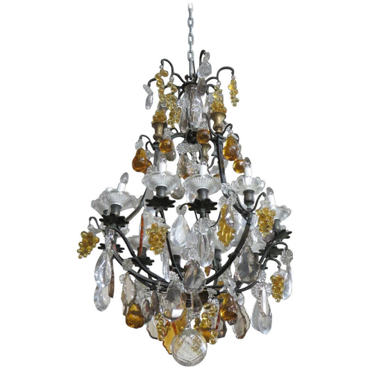 Louis XV Style Bronze Bird Cage Chandelier with Crystal Pears Apples Grapes