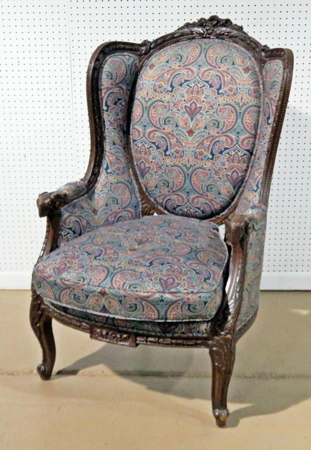 Tall Back Carved Walnut French Louis XVI Bergère Wing Chair, Circa 1920