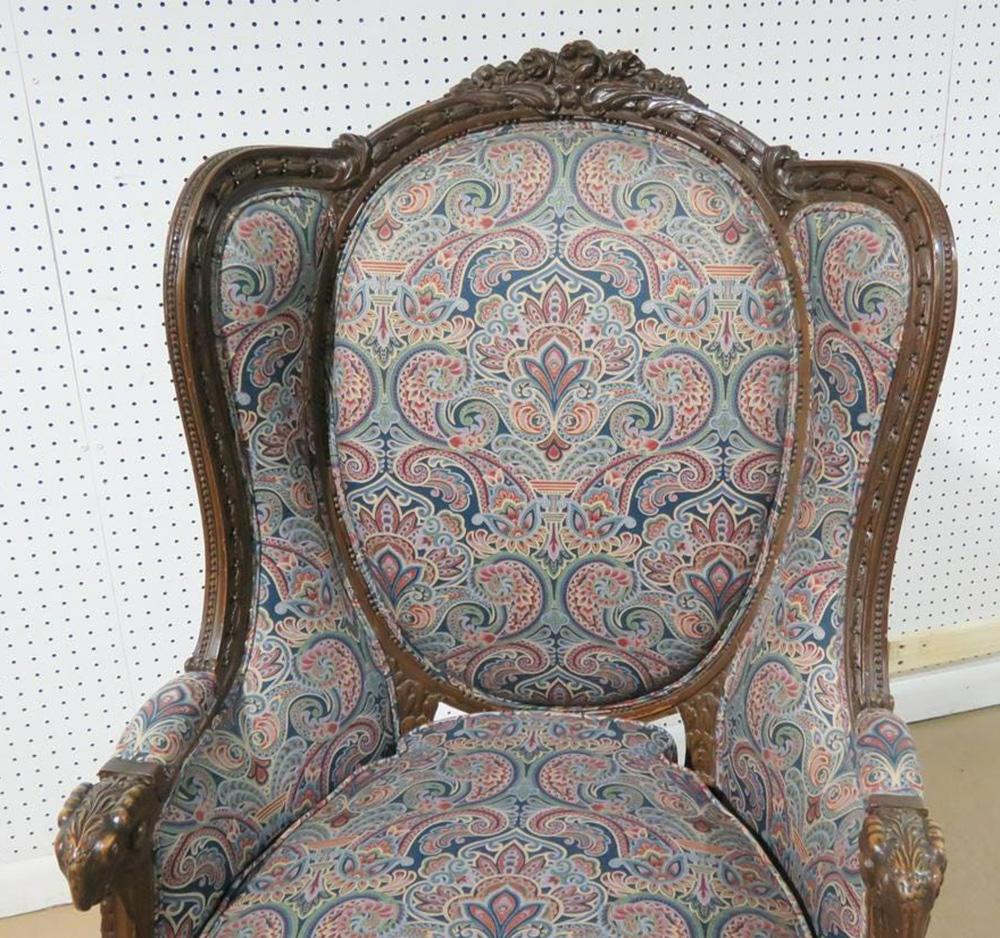 Tall Back Carved Walnut French Louis XVI Bergère Wing Chair, Circa 1920