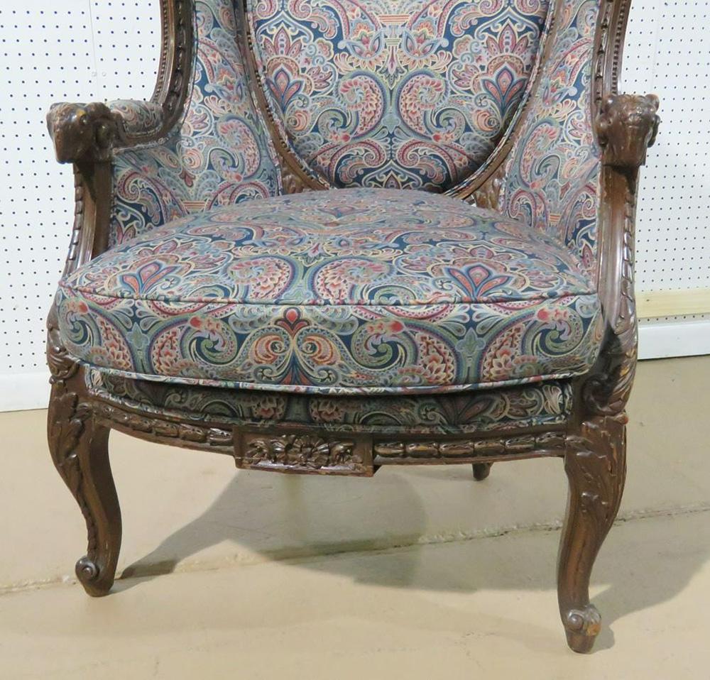 Tall Back Carved Walnut French Louis XVI Bergère Wing Chair, Circa 1920