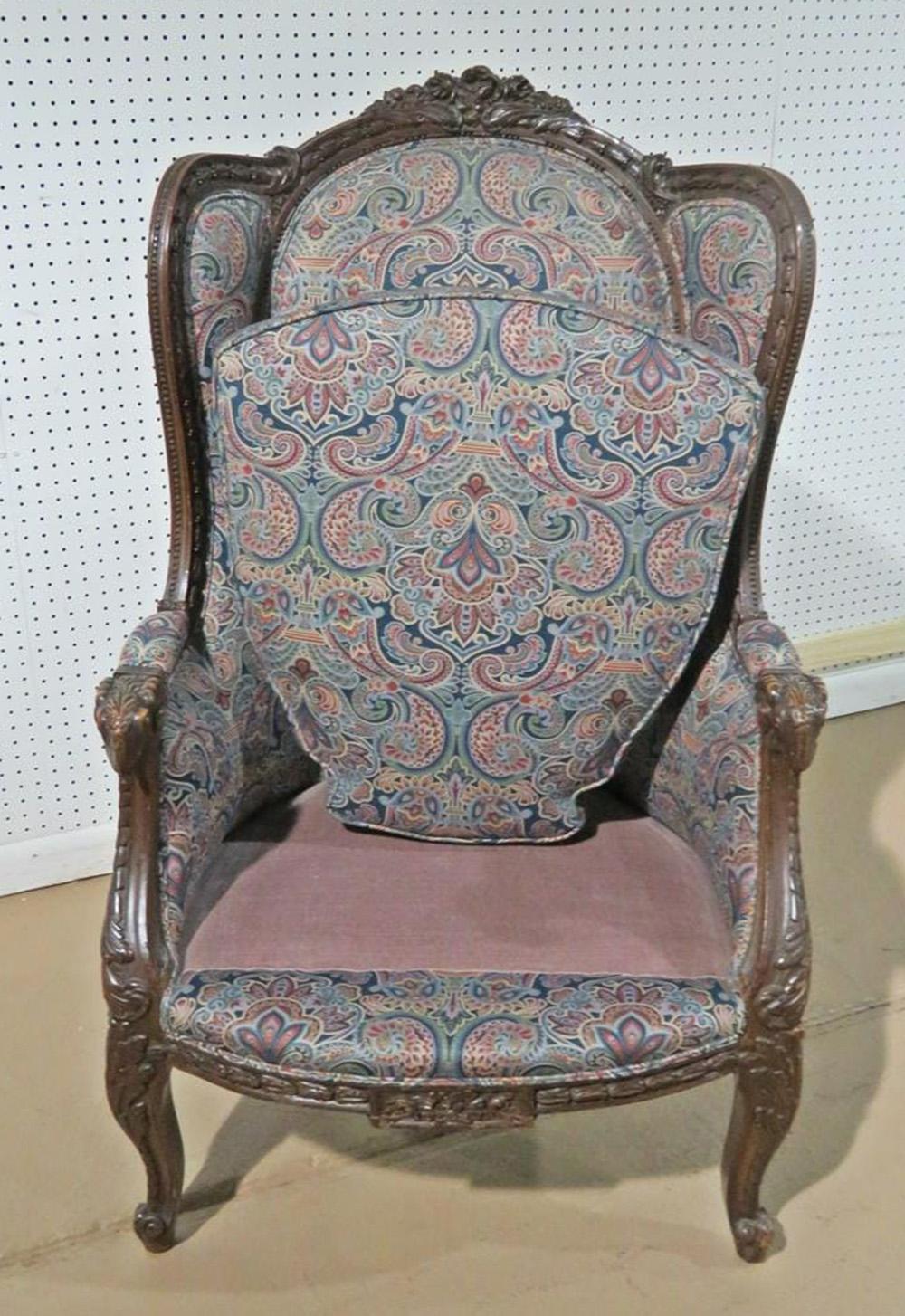 Tall Back Carved Walnut French Louis XVI Bergère Wing Chair, Circa 1920