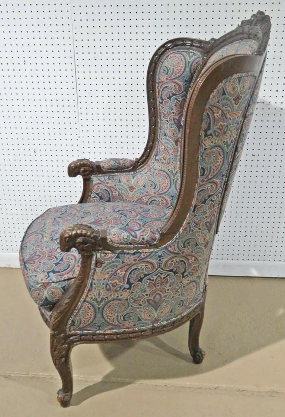 Tall Back Carved Walnut French Louis XVI Bergère Wing Chair, Circa 1920