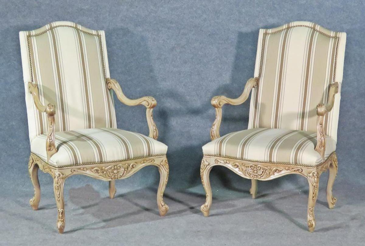 Pair Carved Painted French Louis XV Style Armchairs, Circa 1960