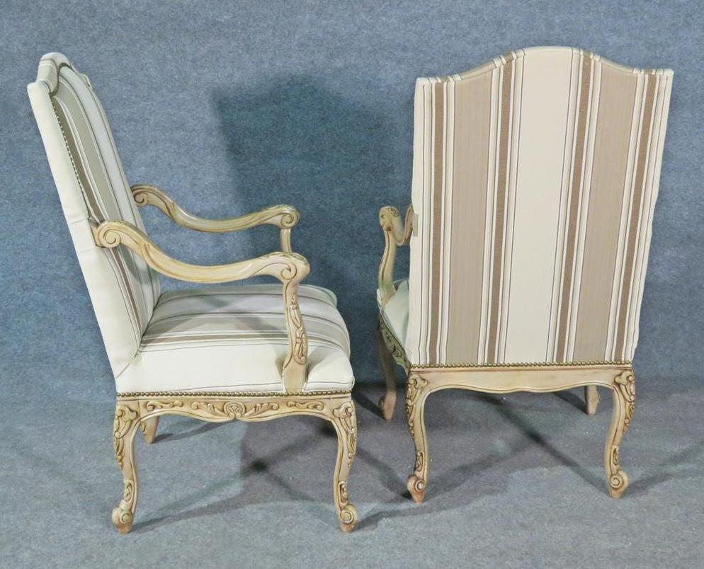 Pair Carved Painted French Louis XV Style Armchairs, Circa 1960