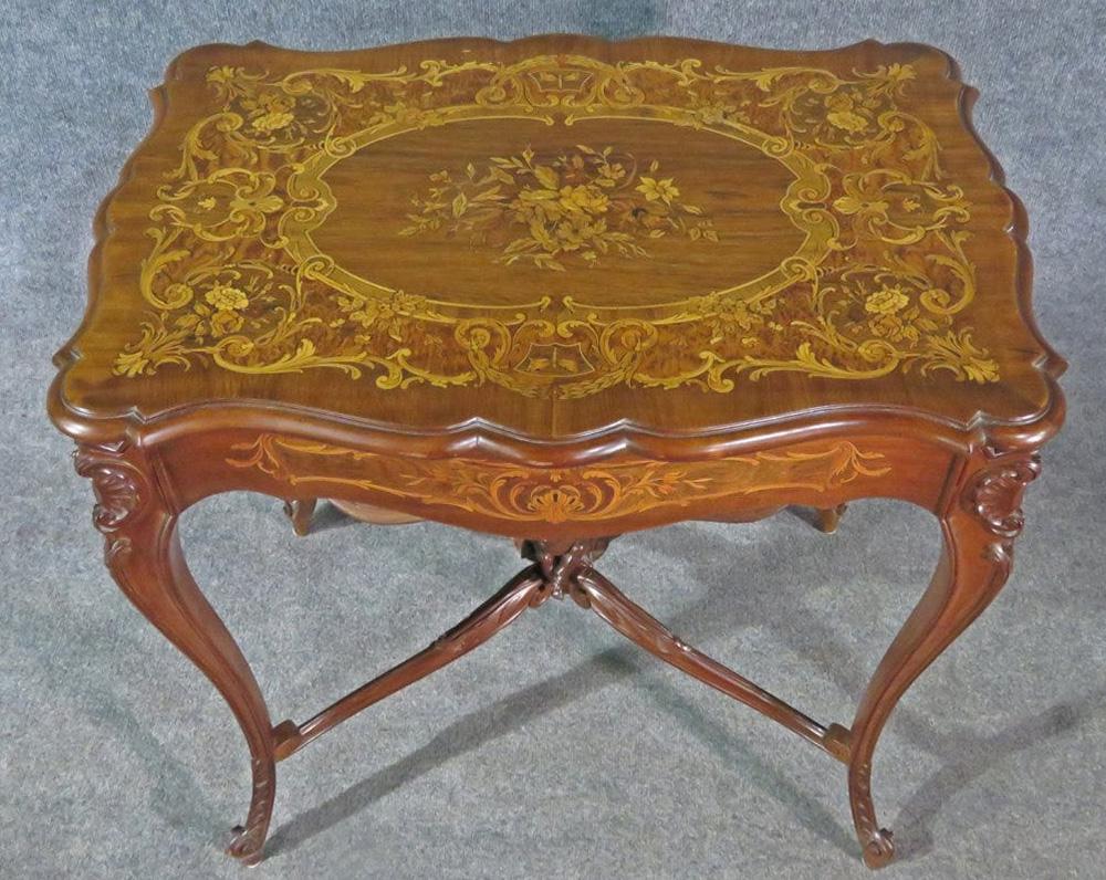 Carved French Louis XV Puttu Cherub Inlaid Center Hall Table Attr. RJ Horner