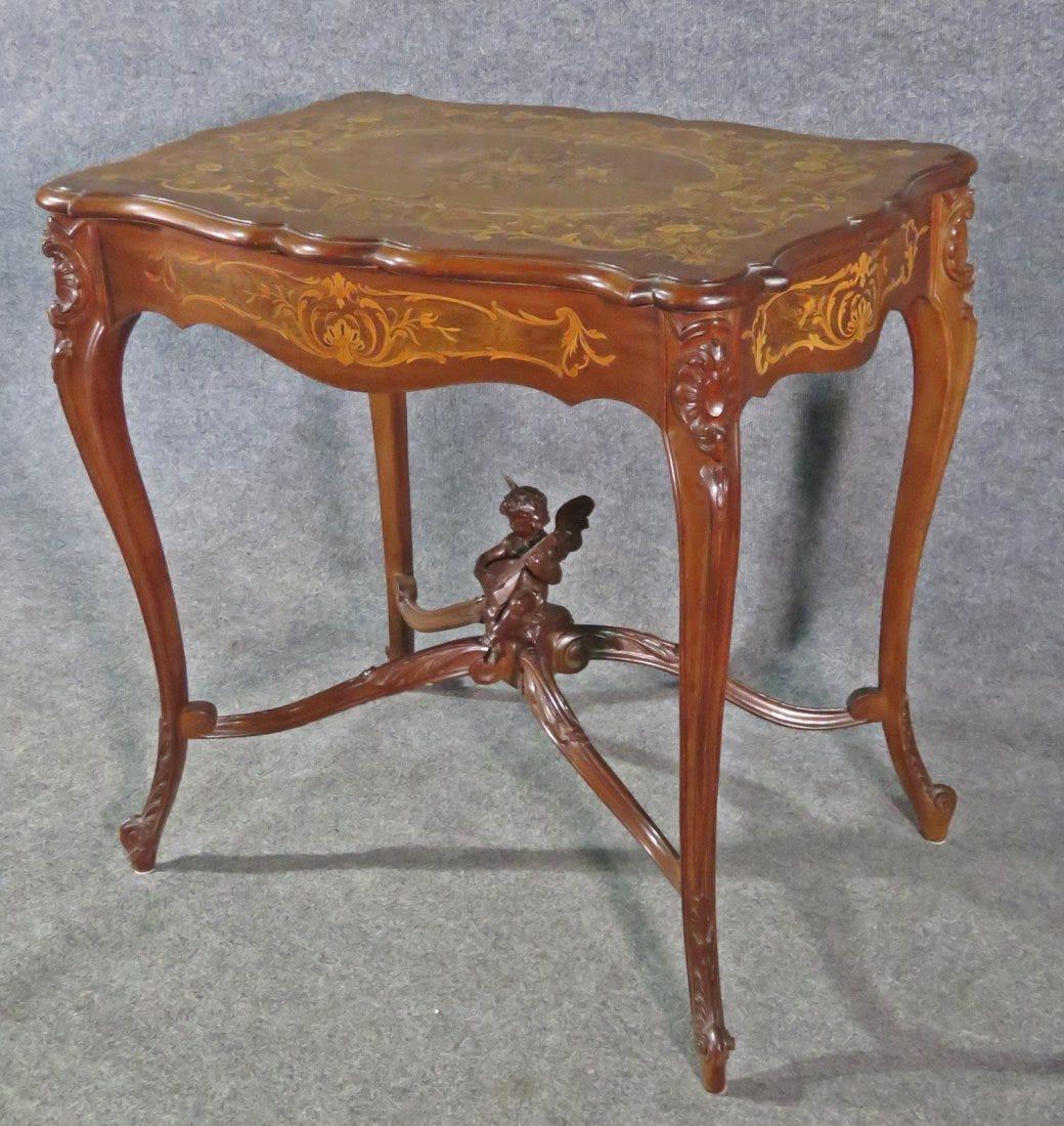 Carved French Louis XV Puttu Cherub Inlaid Center Hall Table Attr. RJ Horner