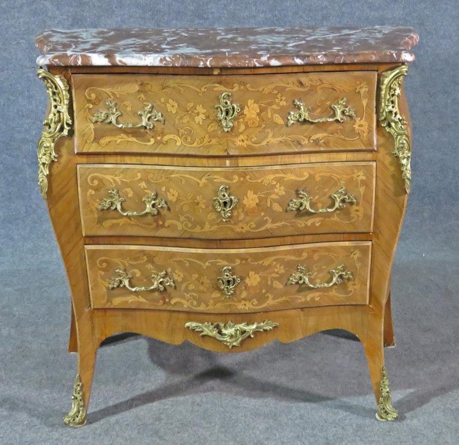 Petite French Louis XV Walnut Satinwood Inlaid Commode Foyer Cabinet, Circa 1900