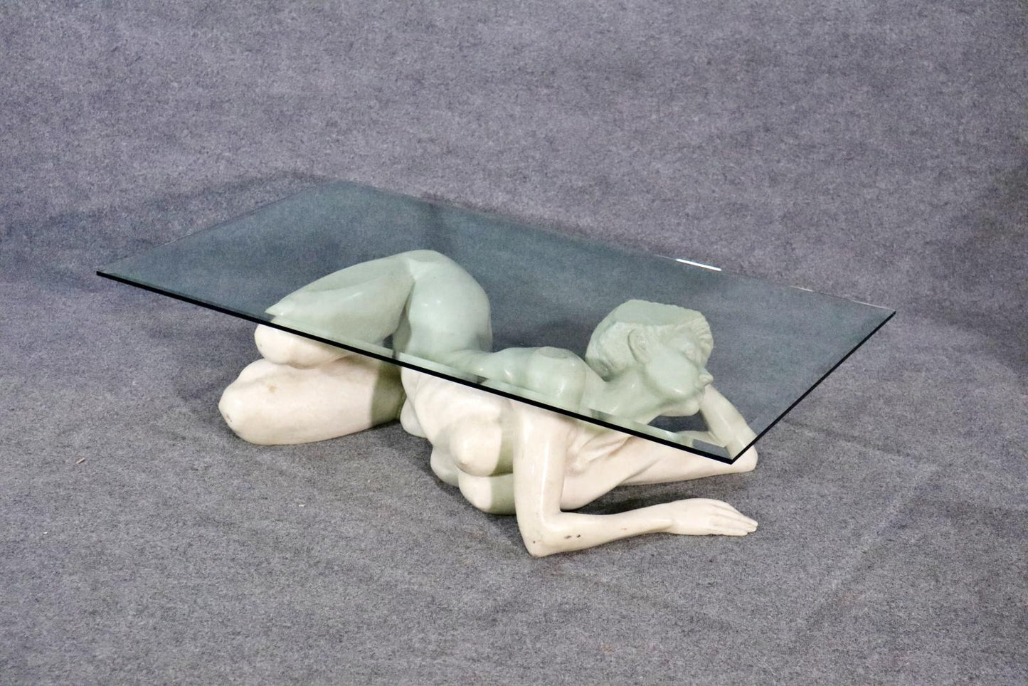 Carved Marble Figure of a Nude Woman Coffee Table Glass Top