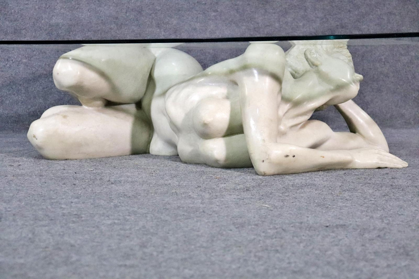 Carved Marble Figure of a Nude Woman Coffee Table Glass Top