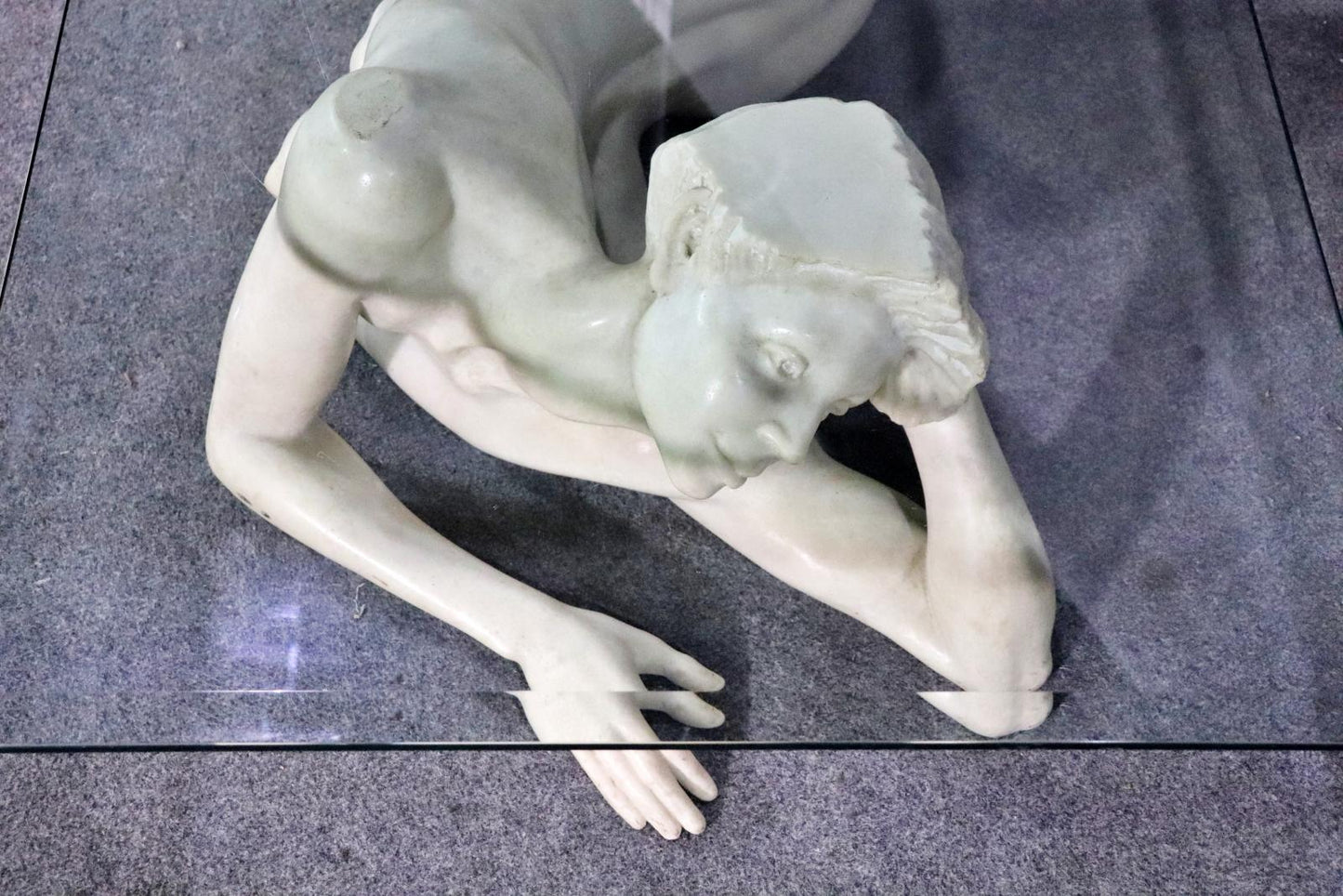 Carved Marble Figure of a Nude Woman Coffee Table Glass Top