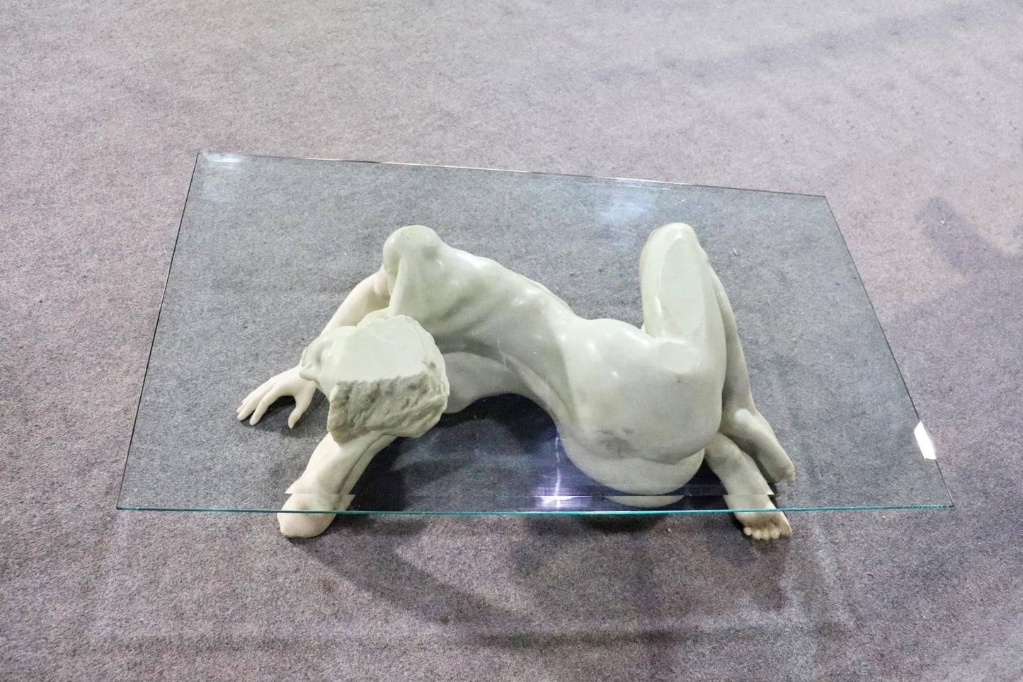 Carved Marble Figure of a Nude Woman Coffee Table Glass Top