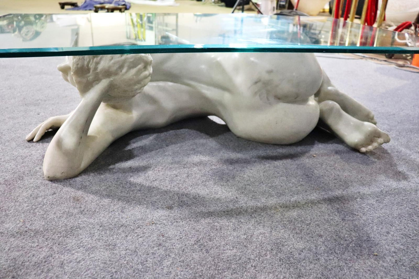 Carved Marble Figure of a Nude Woman Coffee Table Glass Top