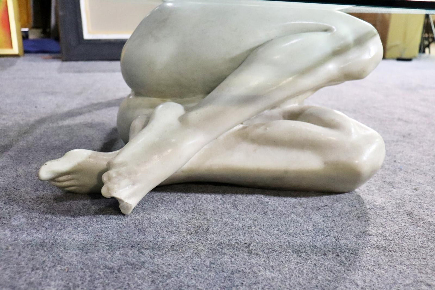 Carved Marble Figure of a Nude Woman Coffee Table Glass Top