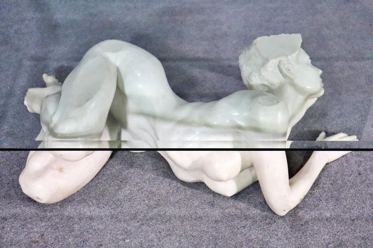 Carved Marble Figure of a Nude Woman Coffee Table Glass Top