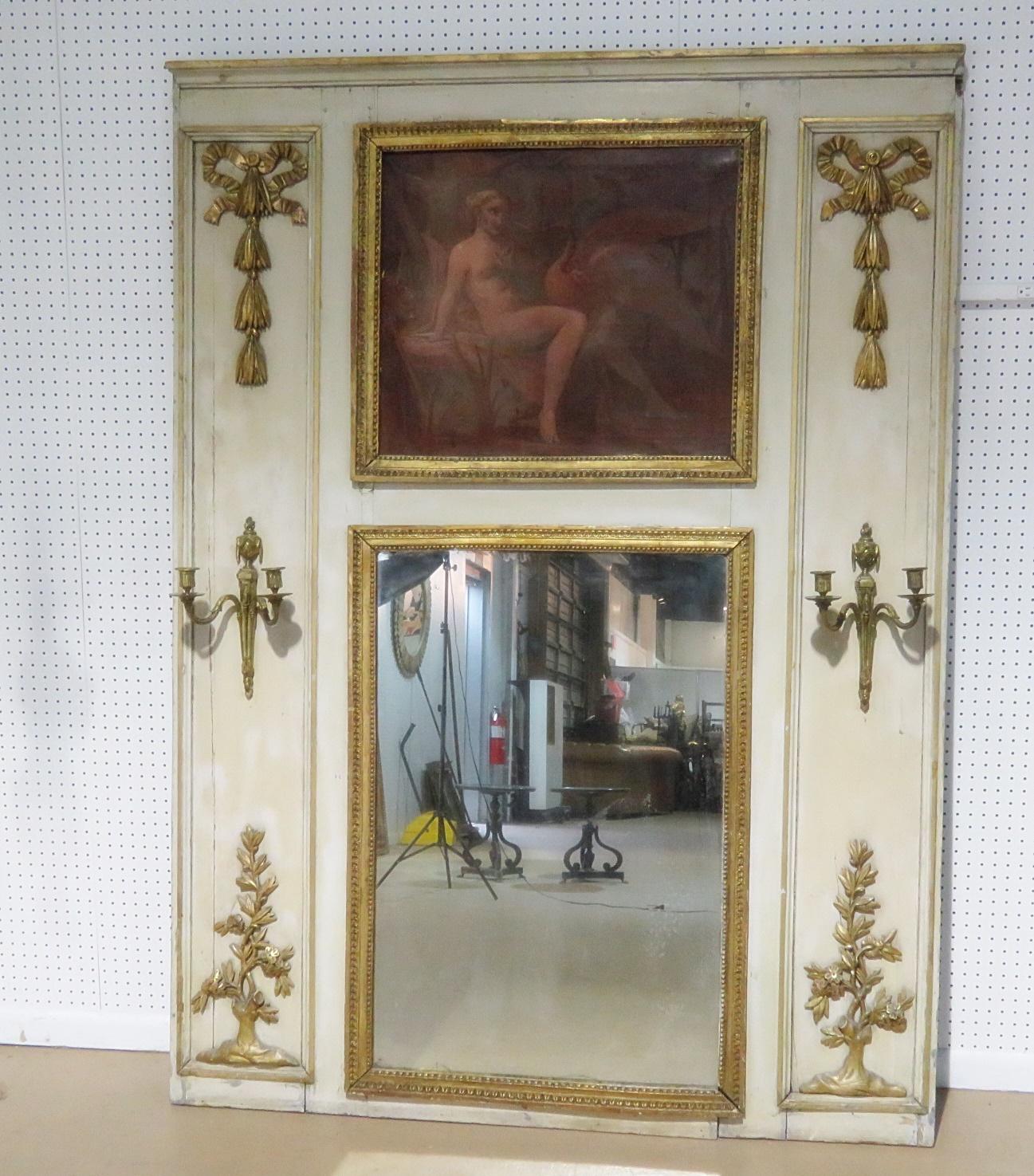 19th Century Antique Painted French Regency Style Trumeau Mirror