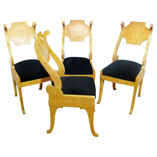 Set of Four Antique Biedermeier Figured Birch Side Dining Chairs C1900