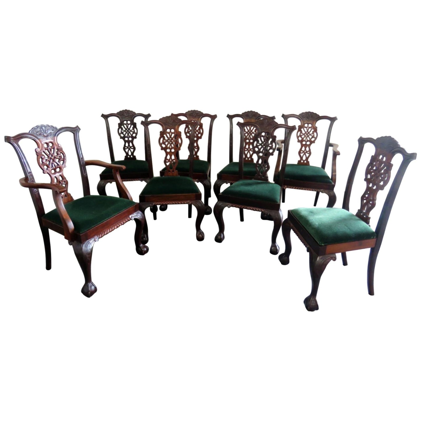 Set of 8 Finely Carved Solid Mahogany Georgian Style Dining Chairs C1920s