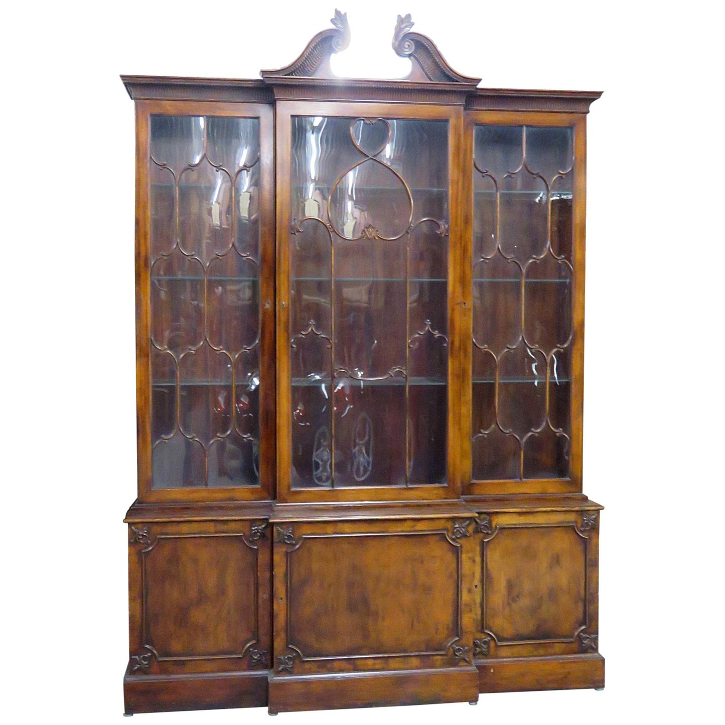 C1930s Era English Made Federal Style Mahogany Breakfront China Cabinet Bookcase