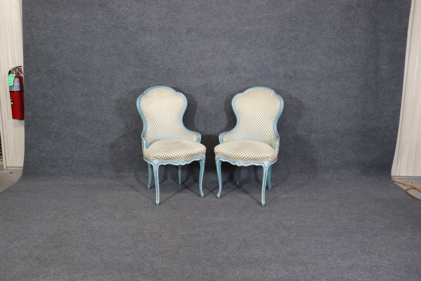 Gorgeous Pair of French Blue and White Painted Louis XV Parlor Boudoir Chairs