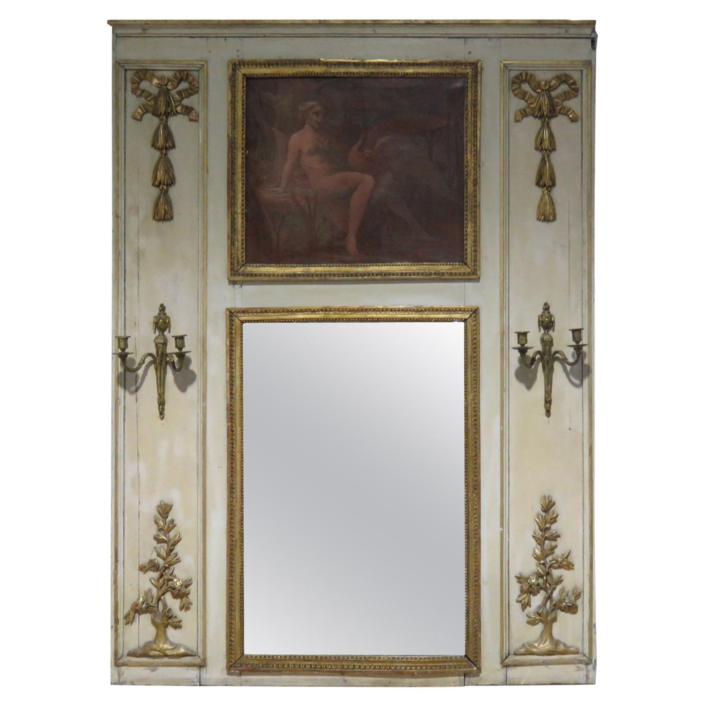 19th Century Antique Painted French Regency Style Trumeau Mirror