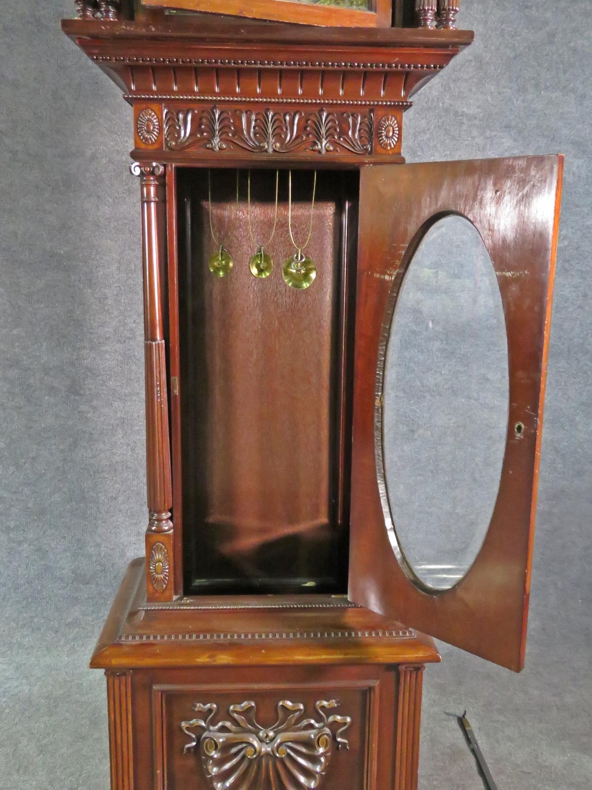 Early 1900s Carved Walnut Durfee Case Elliot Movement 5 Tube Grandfather Clock