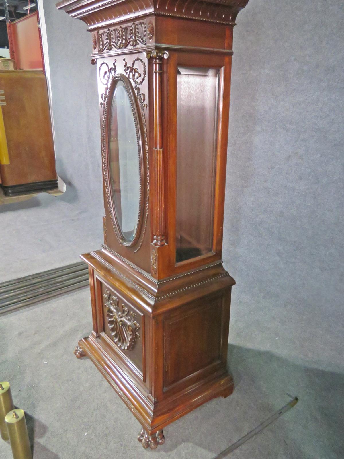 Early 1900s Carved Walnut Durfee Case Elliot Movement 5 Tube Grandfather Clock