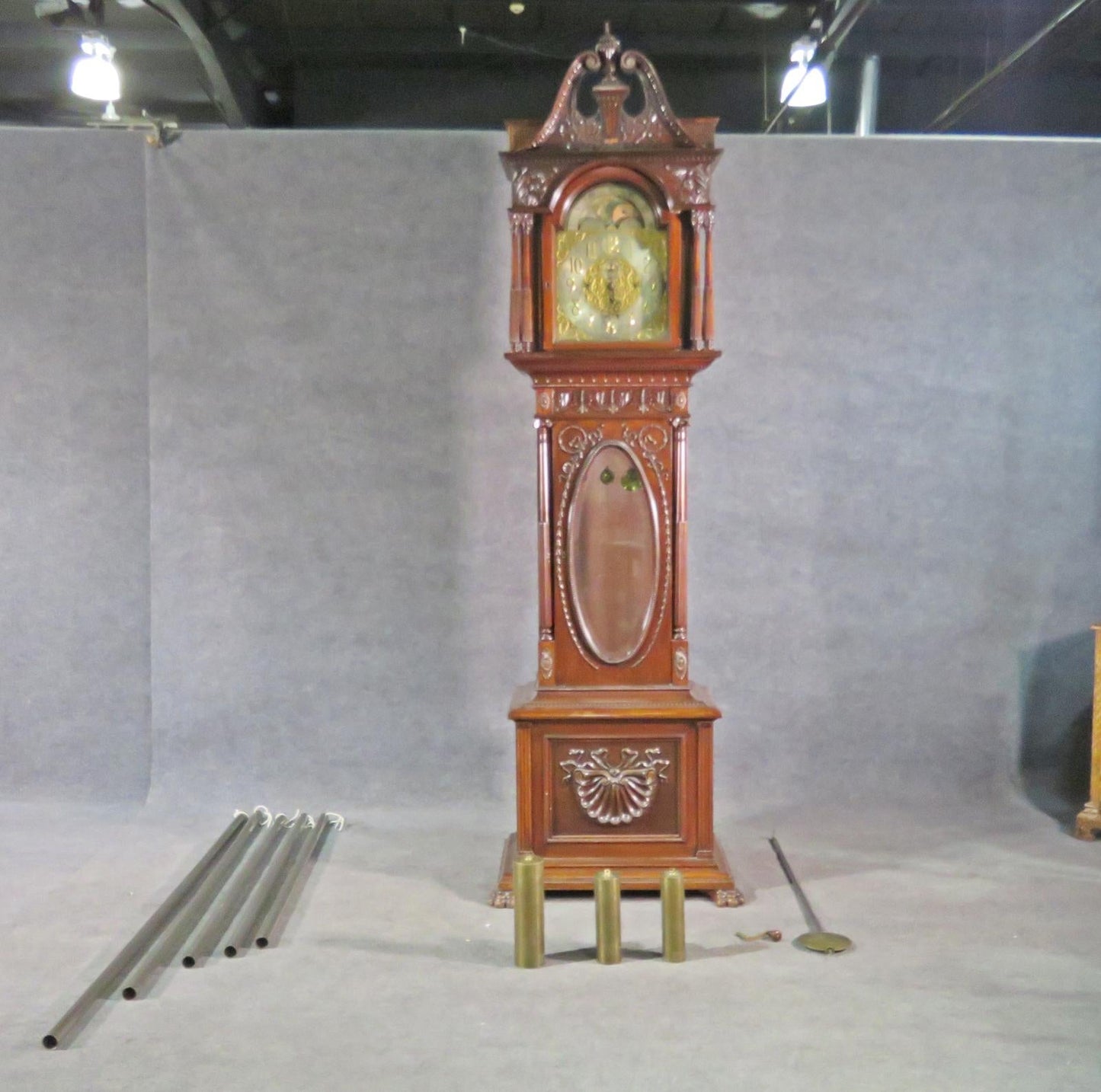 Early 1900s Carved Walnut Durfee Case Elliot Movement 5 Tube Grandfather Clock