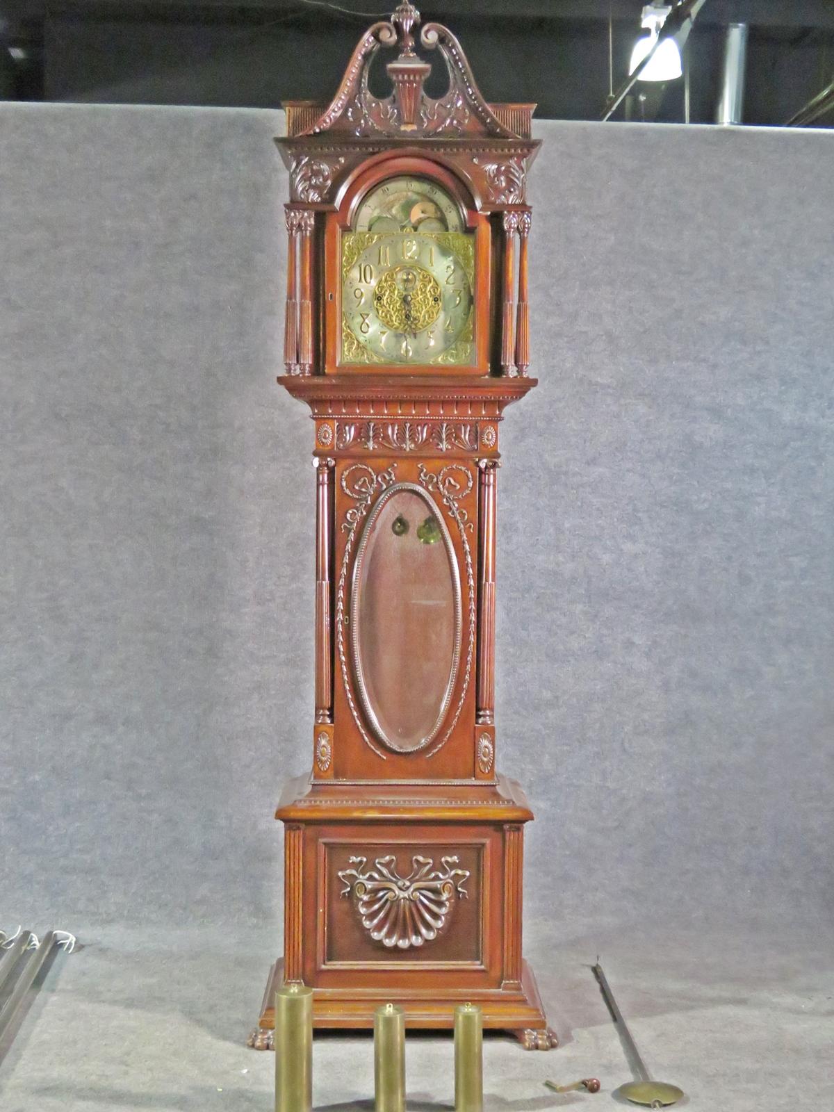 Early 1900s Carved Walnut Durfee Case Elliot Movement 5 Tube Grandfather Clock