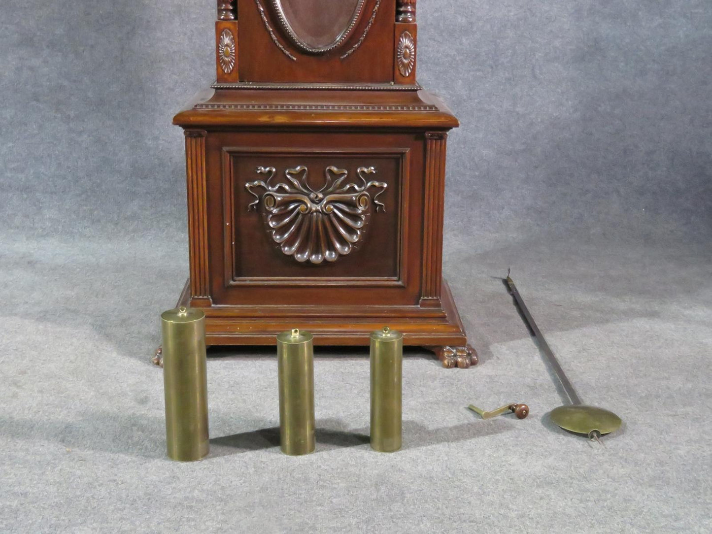 Early 1900s Carved Walnut Durfee Case Elliot Movement 5 Tube Grandfather Clock