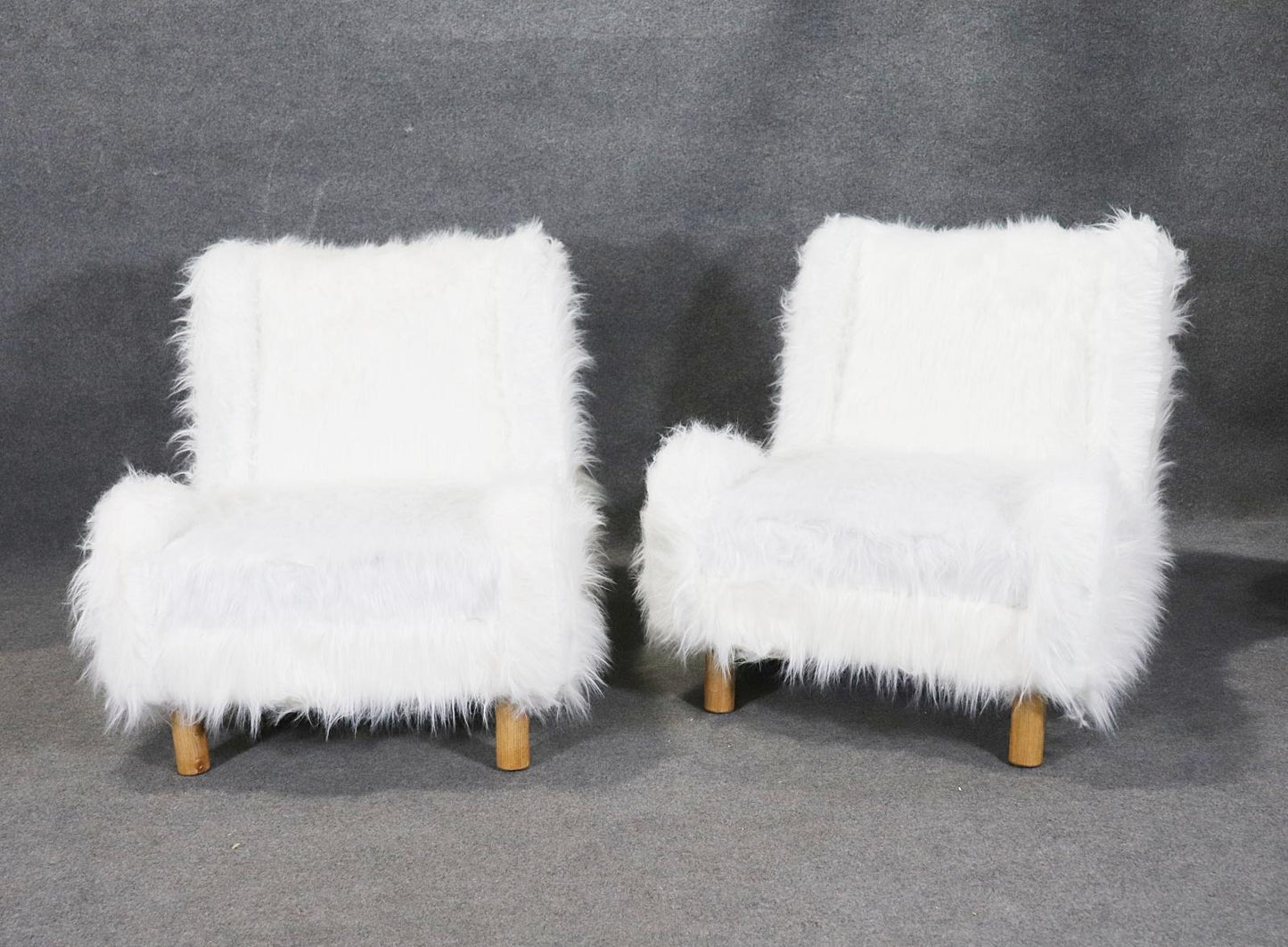 Gorgeous Pair of Low Slung Faux Fur Chairs with Oak Frames Manner Jean Royere