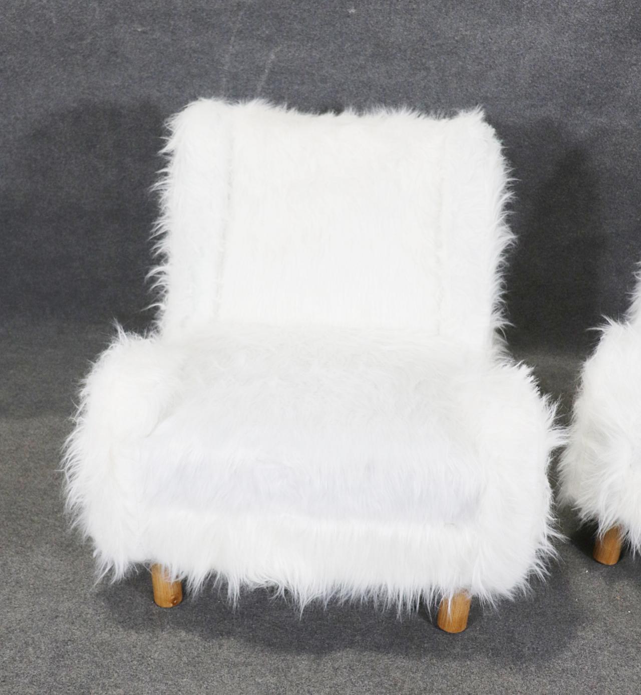 Gorgeous Pair of Low Slung Faux Fur Chairs with Oak Frames Manner Jean Royere