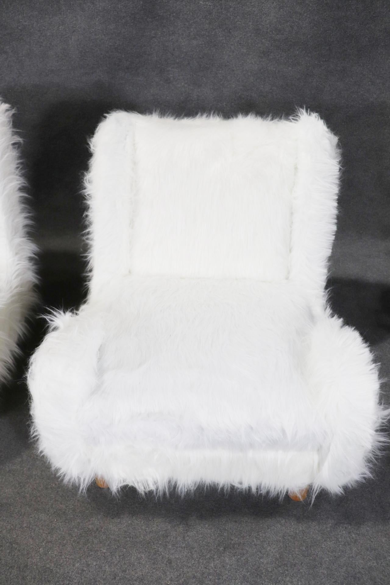 Gorgeous Pair of Low Slung Faux Fur Chairs with Oak Frames Manner Jean Royere