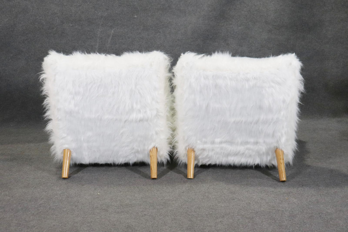 Gorgeous Pair of Low Slung Faux Fur Chairs with Oak Frames Manner Jean Royere