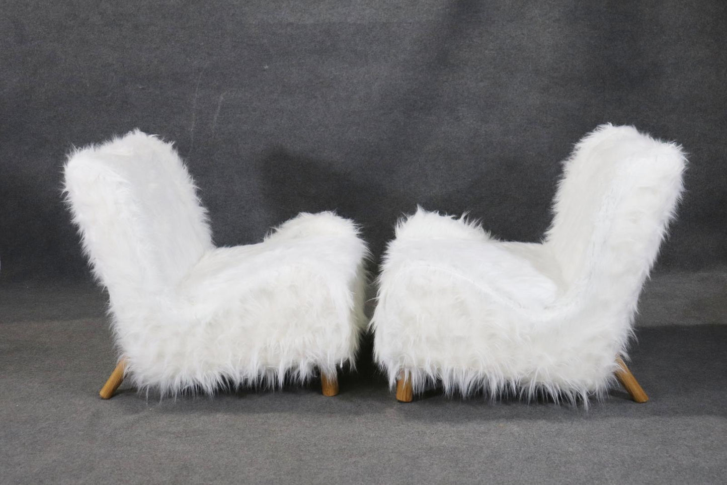 Gorgeous Pair of Low Slung Faux Fur Chairs with Oak Frames Manner Jean Royere