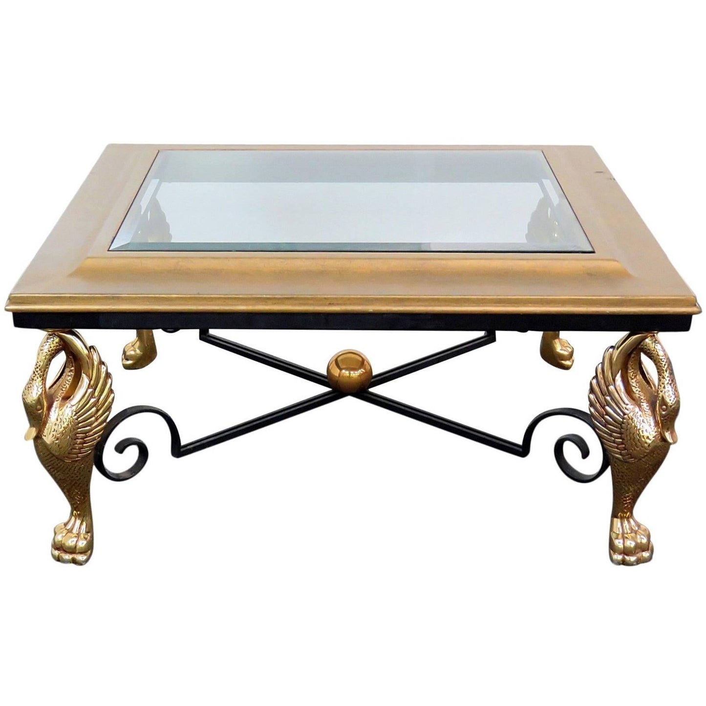 Square French Empire Brass Swans and Wrought Iron Coffee Table