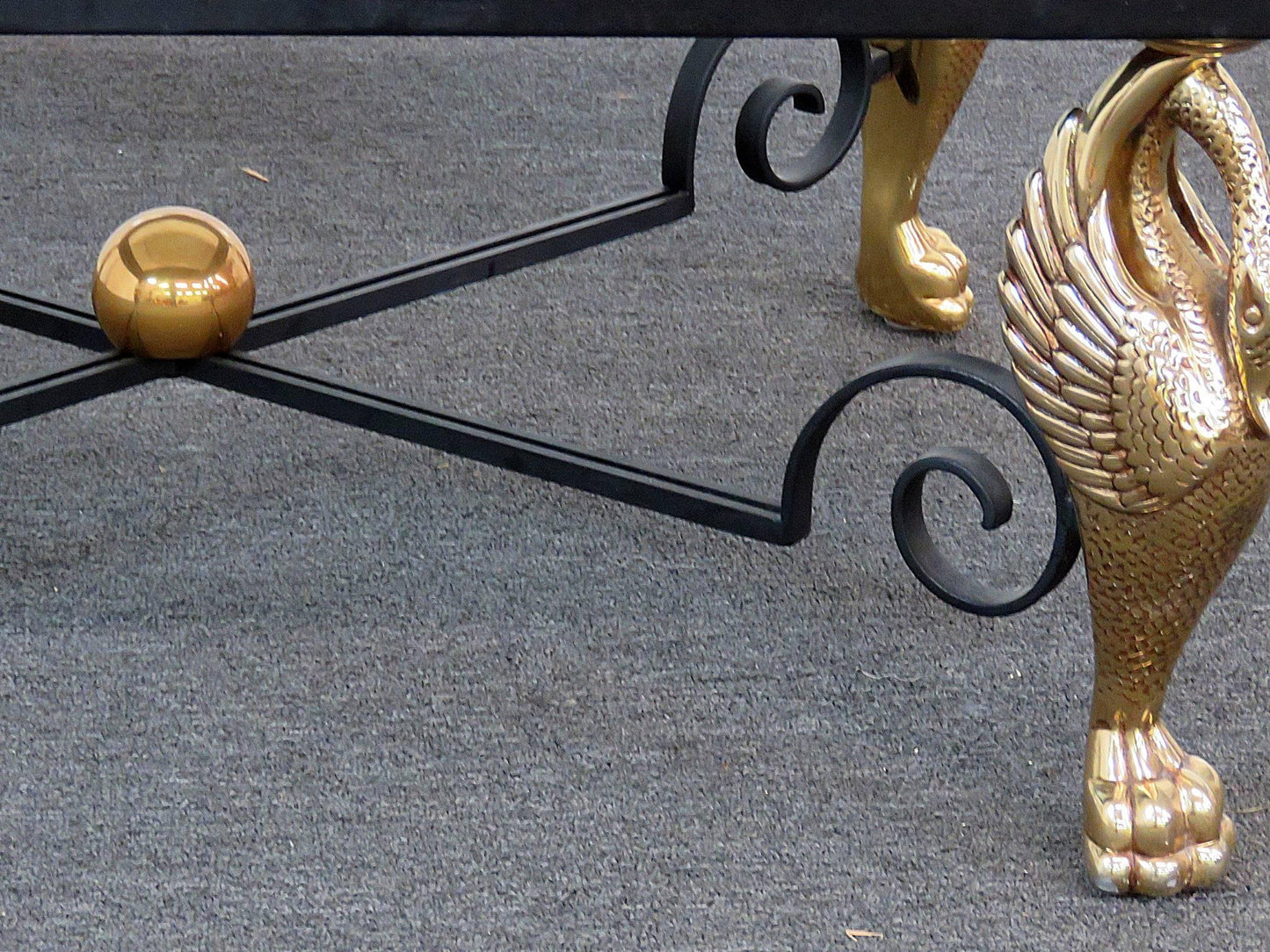 Square French Empire Brass Swans and Wrought Iron Coffee Table