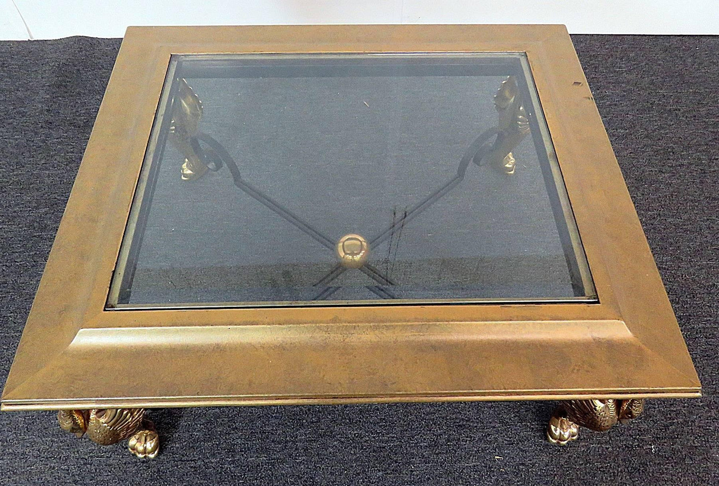 Square French Empire Brass Swans and Wrought Iron Coffee Table