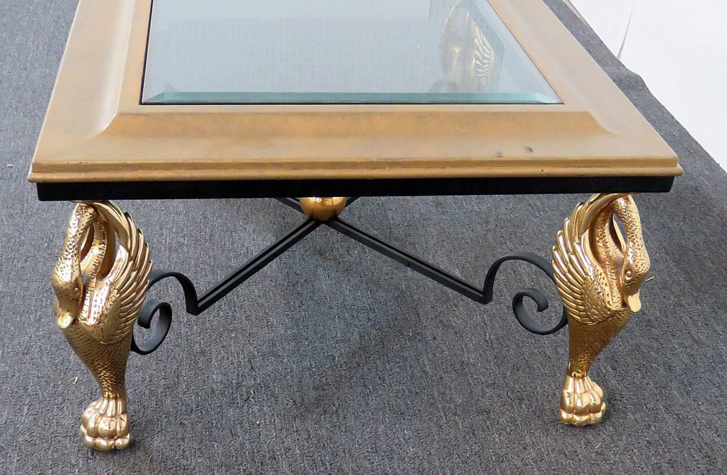 Square French Empire Brass Swans and Wrought Iron Coffee Table