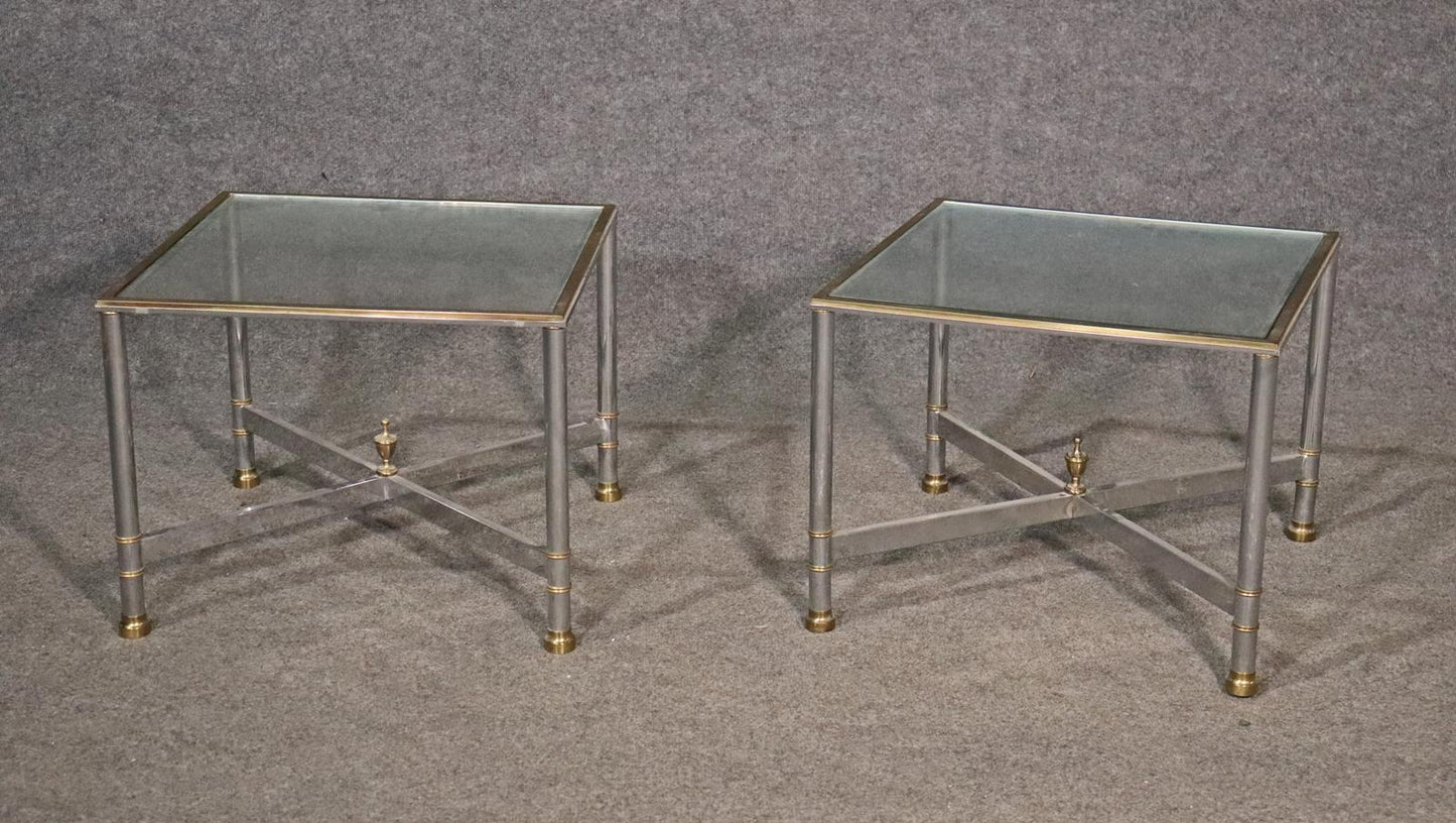 Pair Brass and Steel Jansen Style Mid-Century Modern Square End Tables