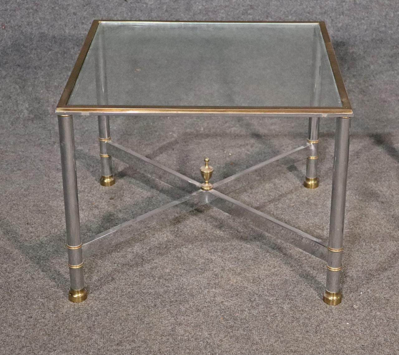 Pair Brass and Steel Jansen Style Mid-Century Modern Square End Tables