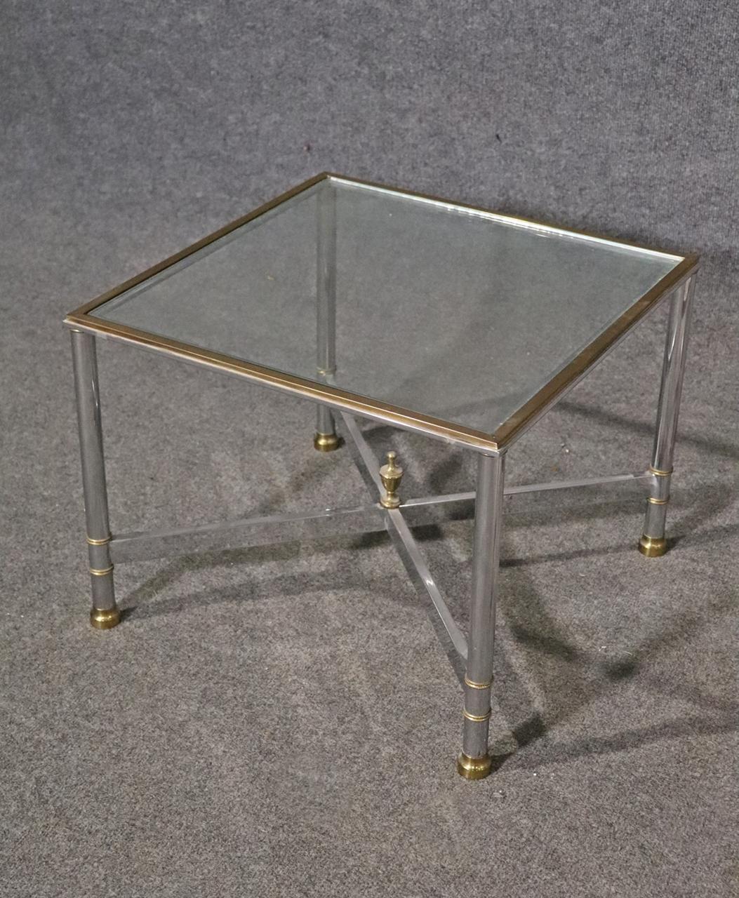 Pair Brass and Steel Jansen Style Mid-Century Modern Square End Tables