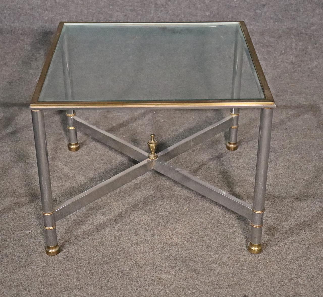 Pair Brass and Steel Jansen Style Mid-Century Modern Square End Tables