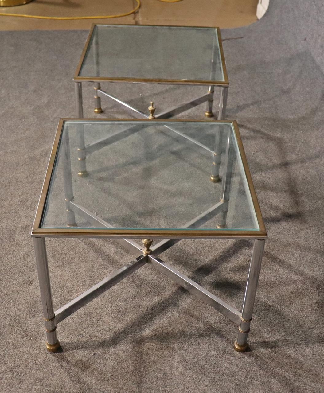 Pair Brass and Steel Jansen Style Mid-Century Modern Square End Tables