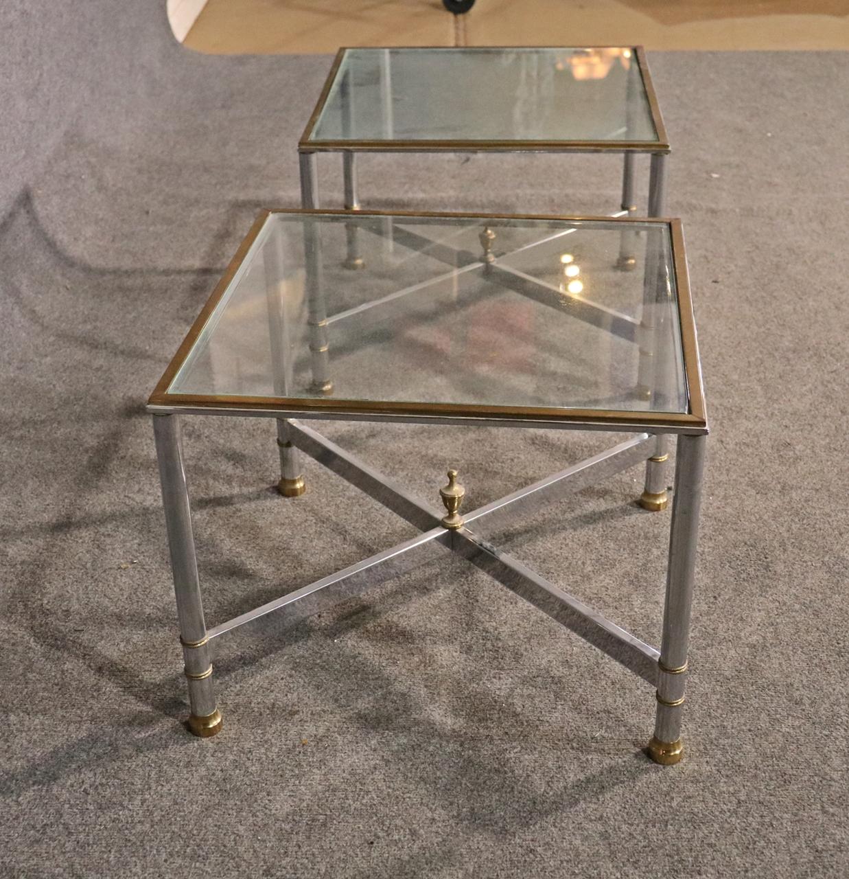 Pair Brass and Steel Jansen Style Mid-Century Modern Square End Tables