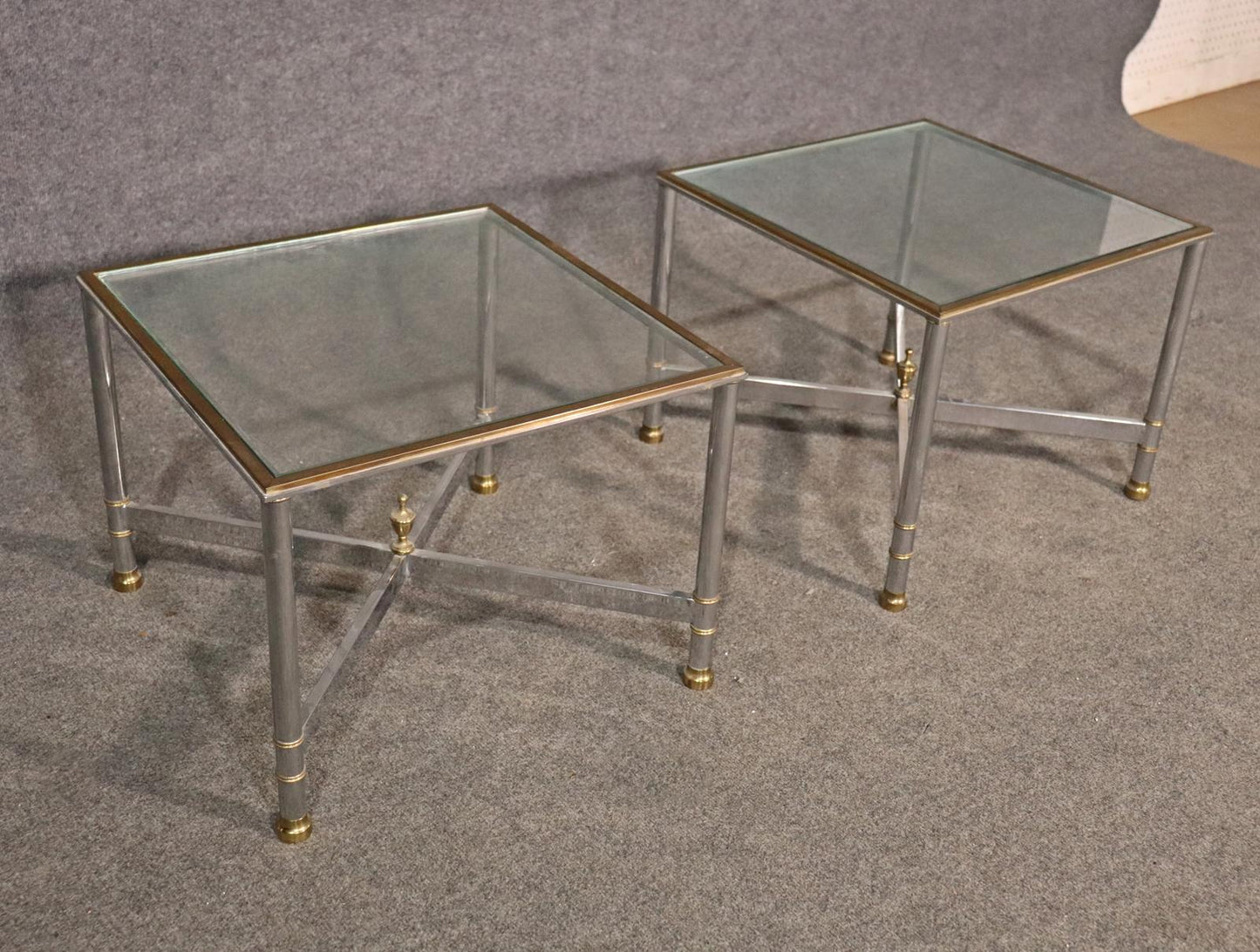 Pair Brass and Steel Jansen Style Mid-Century Modern Square End Tables