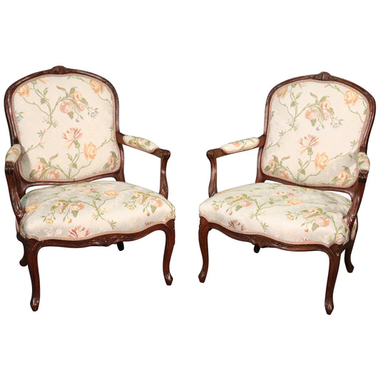 Fine Pair of French Louis XV Walnut Upholstered Open Bergère Open Armchairs