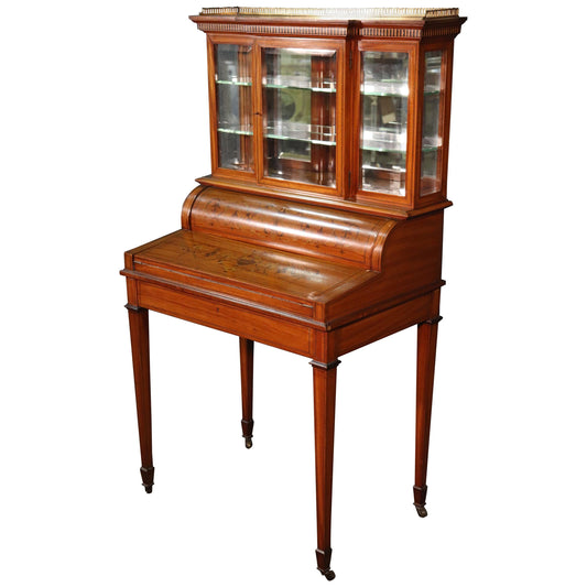 English Satinwood Adams Inlaid Secretary Desk Vitrine Top with Inkwells