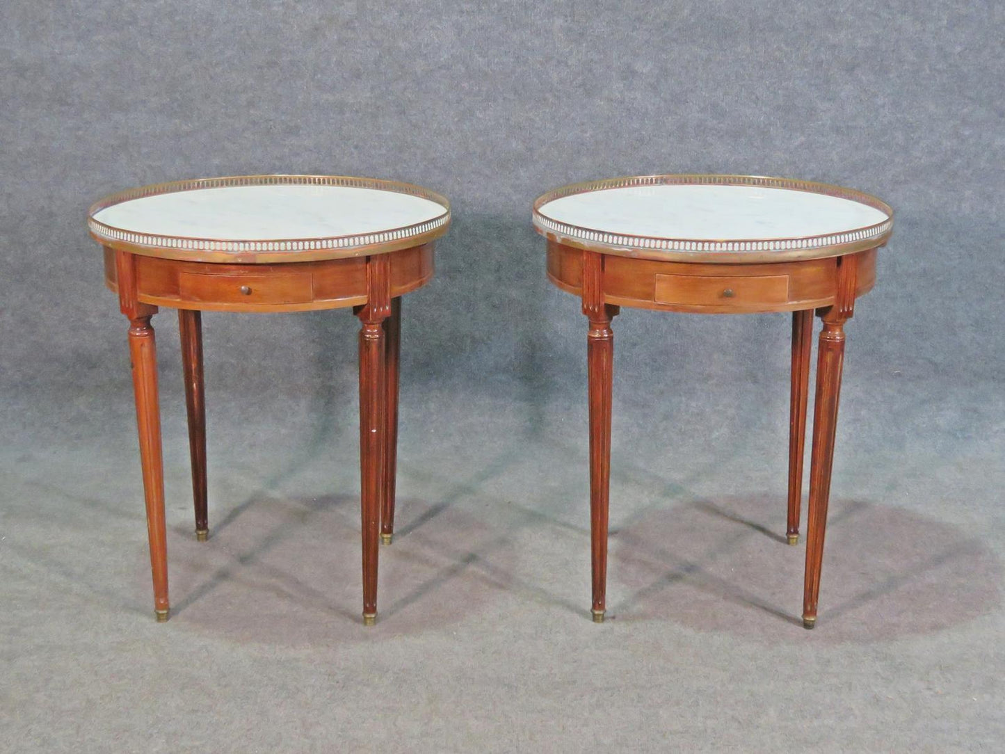 Pair of French Louis XVI Mahogany Gueridons End Tables with Brass Gallery