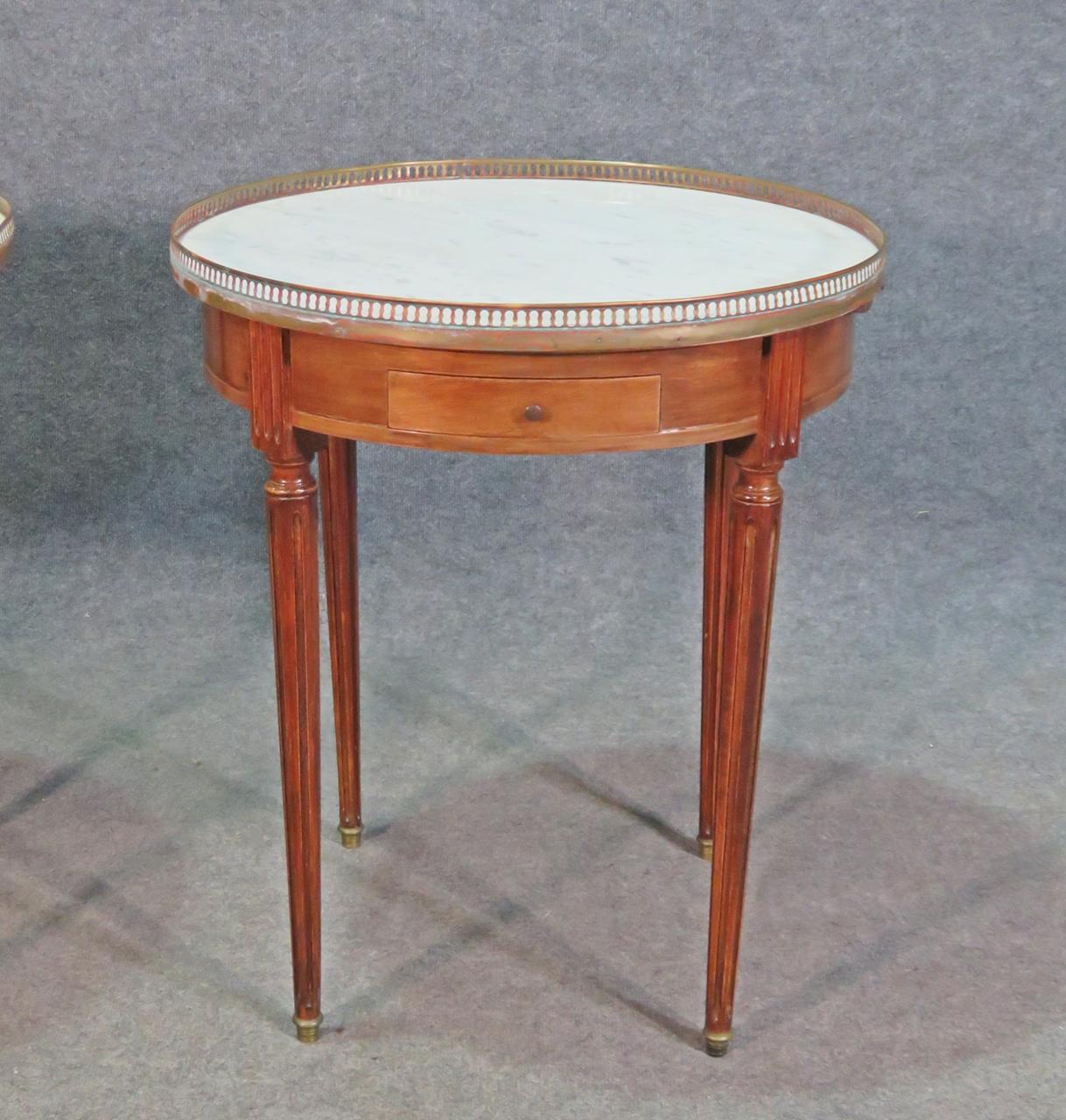 Pair of French Louis XVI Mahogany Gueridons End Tables with Brass Gallery