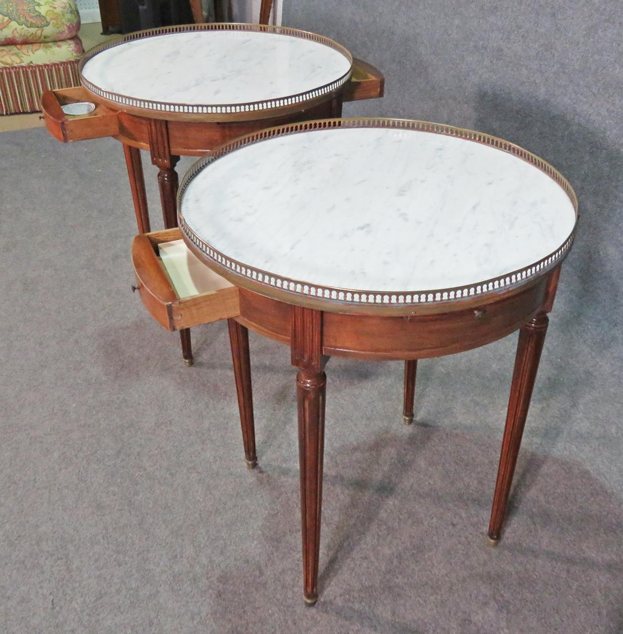 Pair of French Louis XVI Mahogany Gueridons End Tables with Brass Gallery